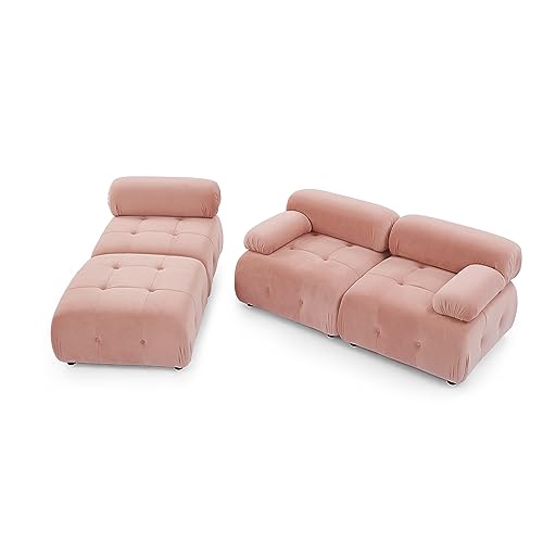 Pink Velvet Sleeper Sofa Bed with Ottoman Solid Wood Frame S22538