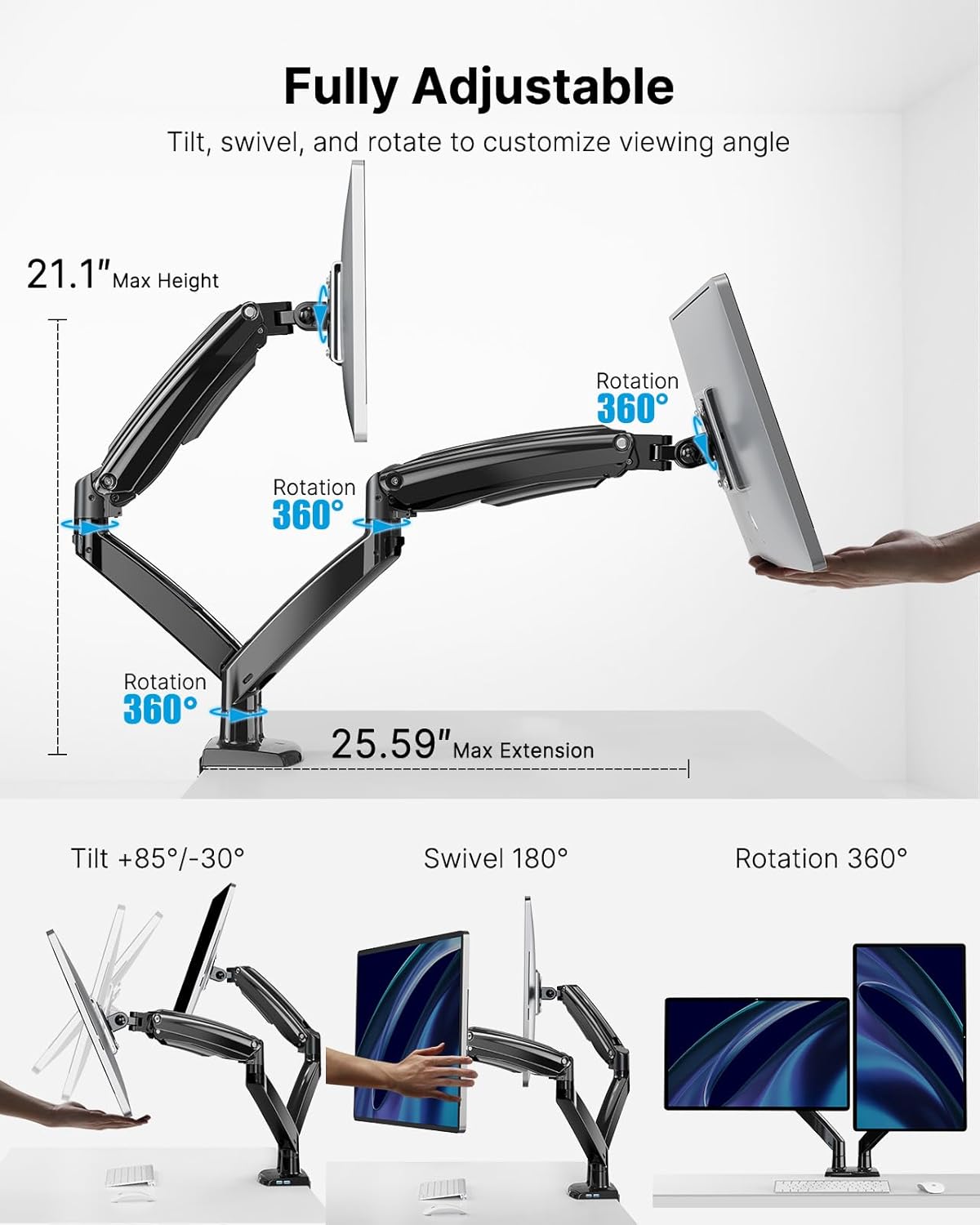 HUANUO Dual Monitor Stand for 13-35 inch, VESA Mount with Clamp Base, Black A763