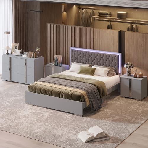 Queen Wood Upholstered Bed with LED Lights, 4-Piece Bedroom Set (Grey) A7583