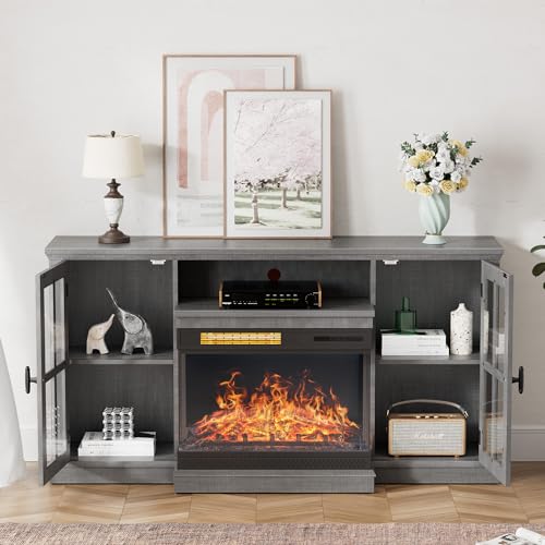YESHOMY Glass Fireplace TV Stand for TVs up to 65", Gray C701