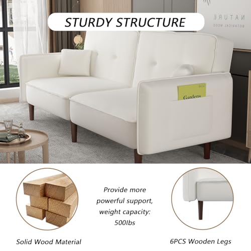Modern Upholstered Convertible Futon Sofa Bed with Storage Pockets and 2 Pillows, Pink I8960