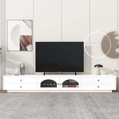 Luxury Minimalism Stand 85",TV Table with Open Storage Shelf, Entertainment Center with Cabinets and Drawers, Practical Media Console for Living Room, Black-6