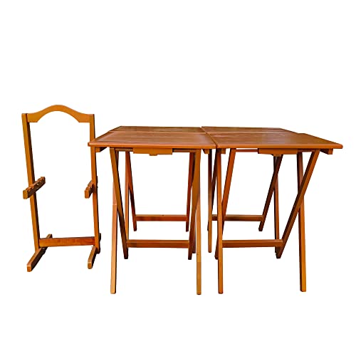Folding TV Tray Table Set of 4 Solid Wood Chestnut I509083