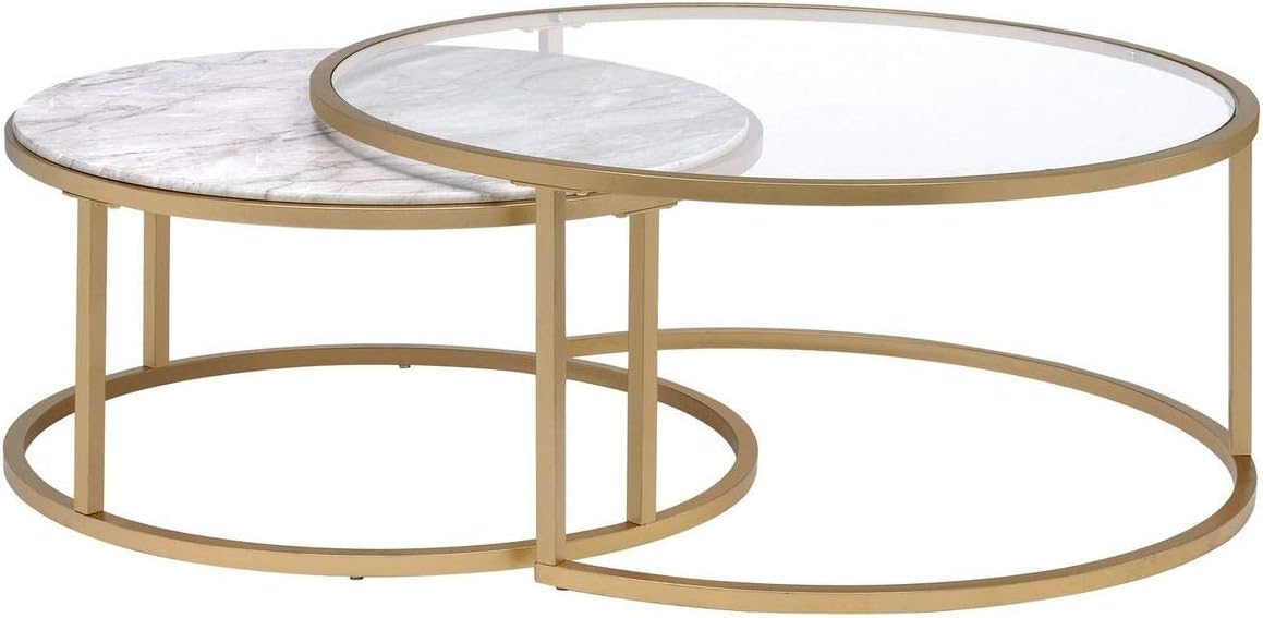 Knocbel Modern Nesting Coffee Table Set of 2, Faux Marble & Glass Top, Gold Metal Frame W86607