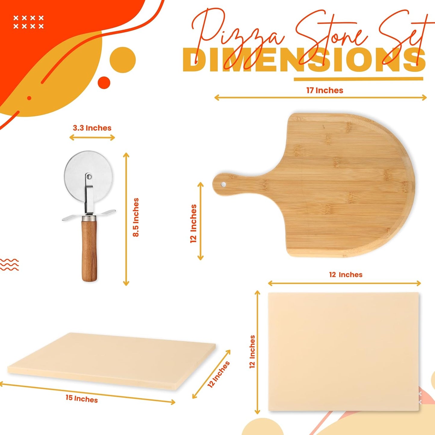 Pizza Stone Set of 3 with Wooden Peel and Stainless Steel Cutter A759