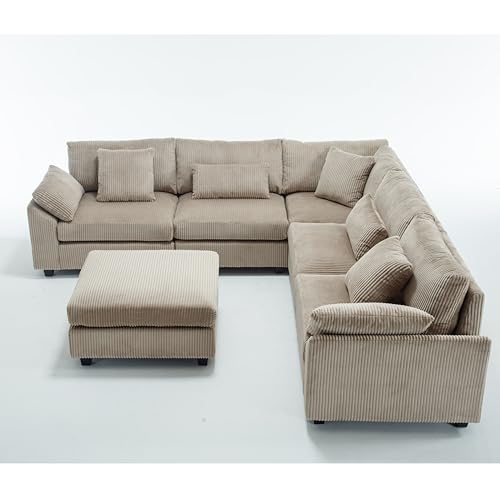 Oversized Corner Modular Sectional Sofa Set, L-Shaped Couch with Ottoman and 7 Pillows, Corduroy Fabric, Beige O4177