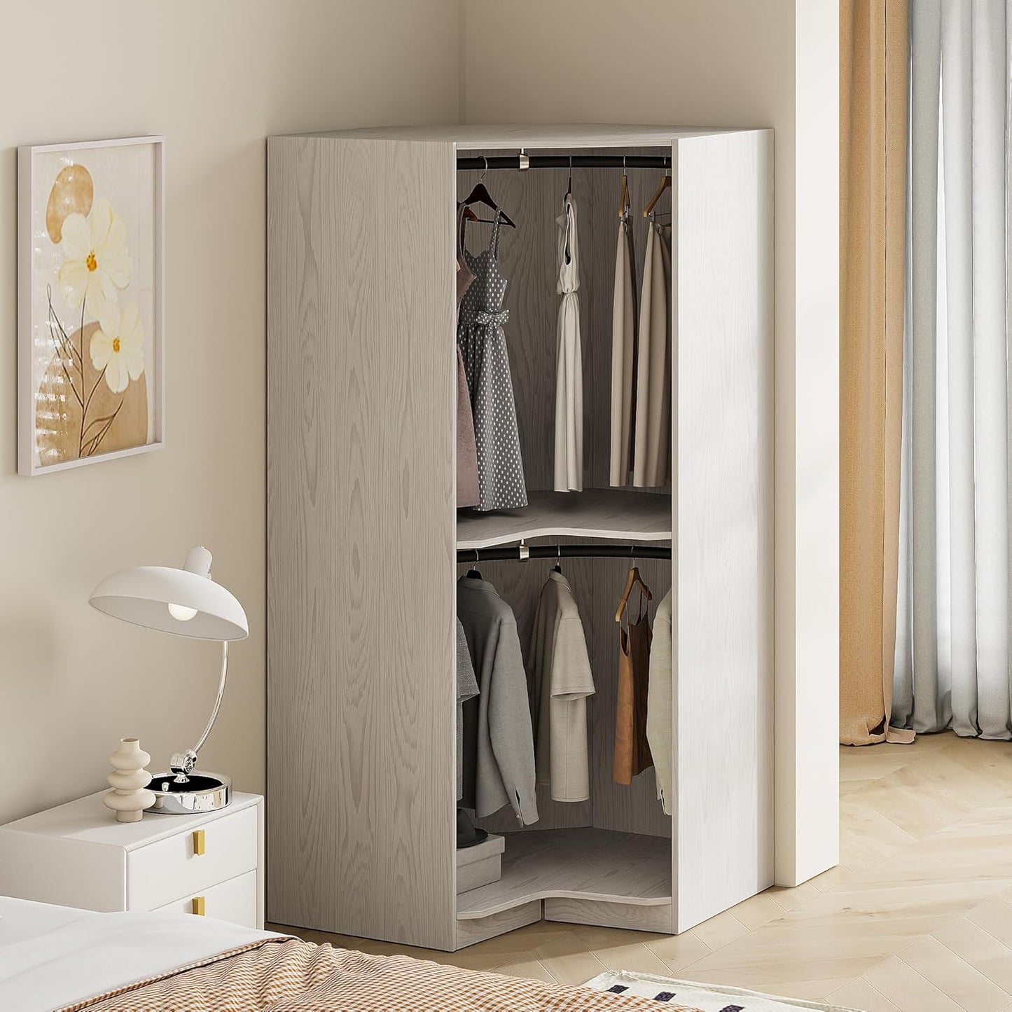 Corner Armoire Wardrobe Closet Cabinet with Hanging Rail, 64" H, Natural I182