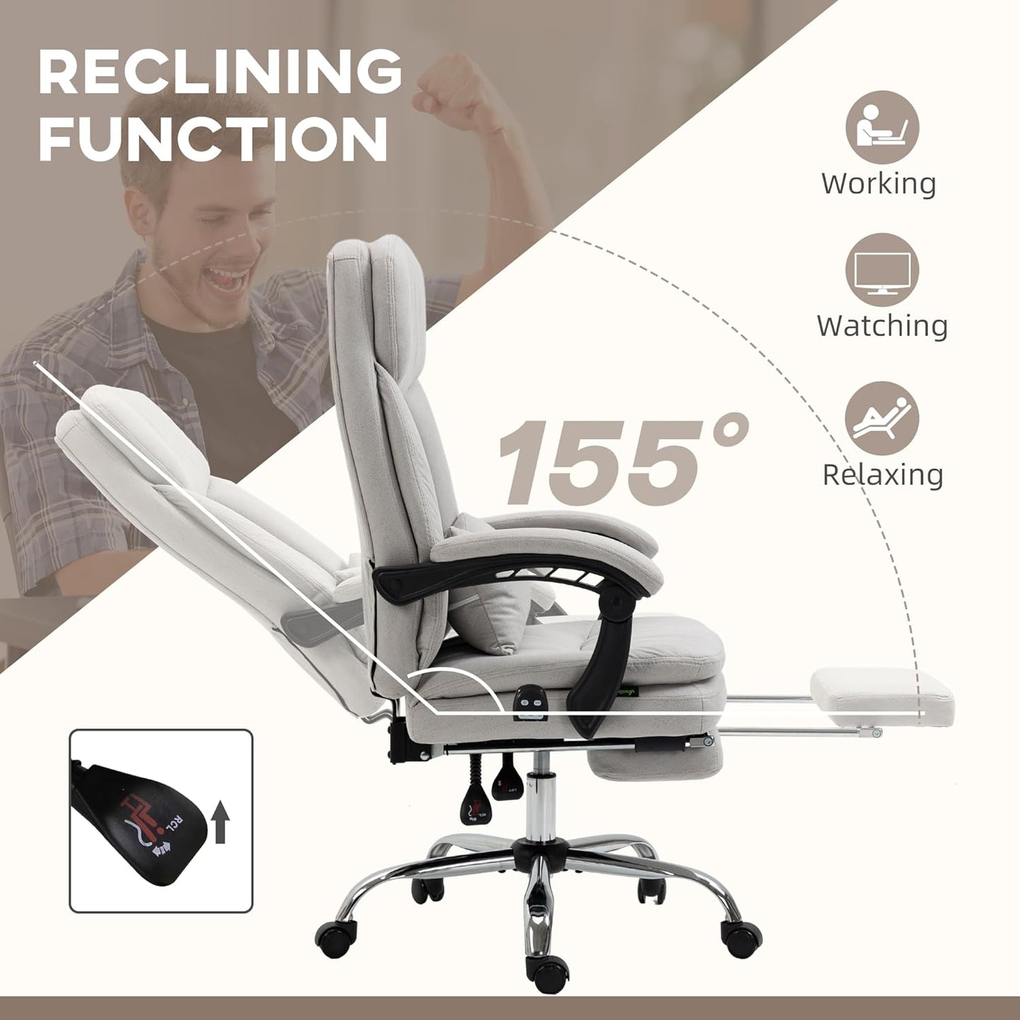 Executive Massage Office Chair Swivel Reclining PU Leather with Lumbar Support, Light Gray P303