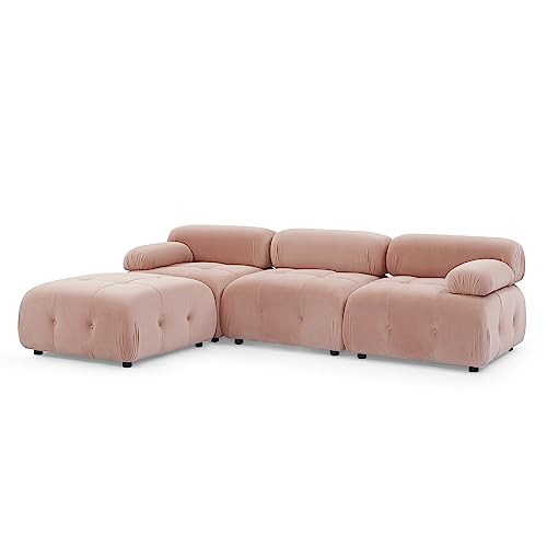 Pink Velvet Sleeper Sofa Bed with Ottoman Solid Wood Frame S22538