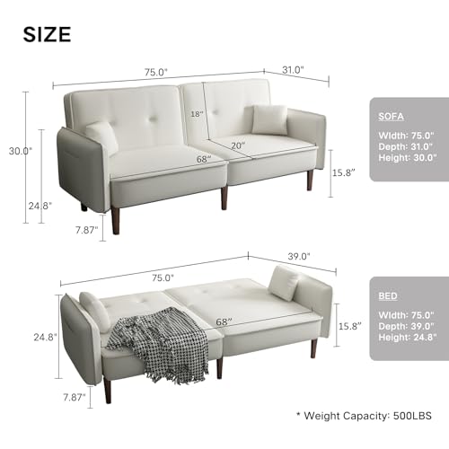 Modern Upholstered Convertible Futon Sofa Bed with Storage Pockets and 2 Pillows, Pink I8960