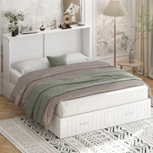 BALUS 64" W Murphy Bed Cabinet Queen with Mattress, Stone Grey I6760