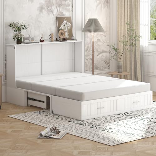 BALUS 64" W Murphy Bed Cabinet Queen with Mattress, Stone Grey I6760