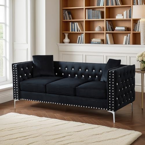 Antetek Velvet Sofa Set, Modern Upholstered Loveseat and 3 Seater Cloud Sofa with Crystal Buttons, Blue (2 Pieces) N125403