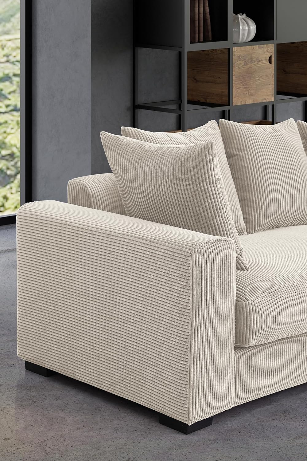 Corduroy 3-Piece Upholstered Sectional Chaise L Shaped Sofa with Ottoman, Beige Q1824