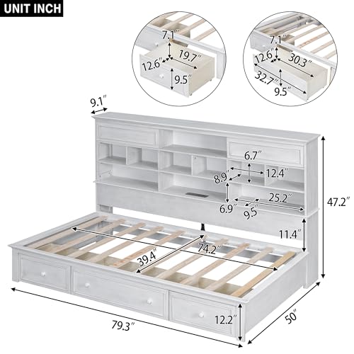 LZ LEISURE ZONE Twin Size Daybed Frame with Storage Shelves, Charging Station, Antique White A7732