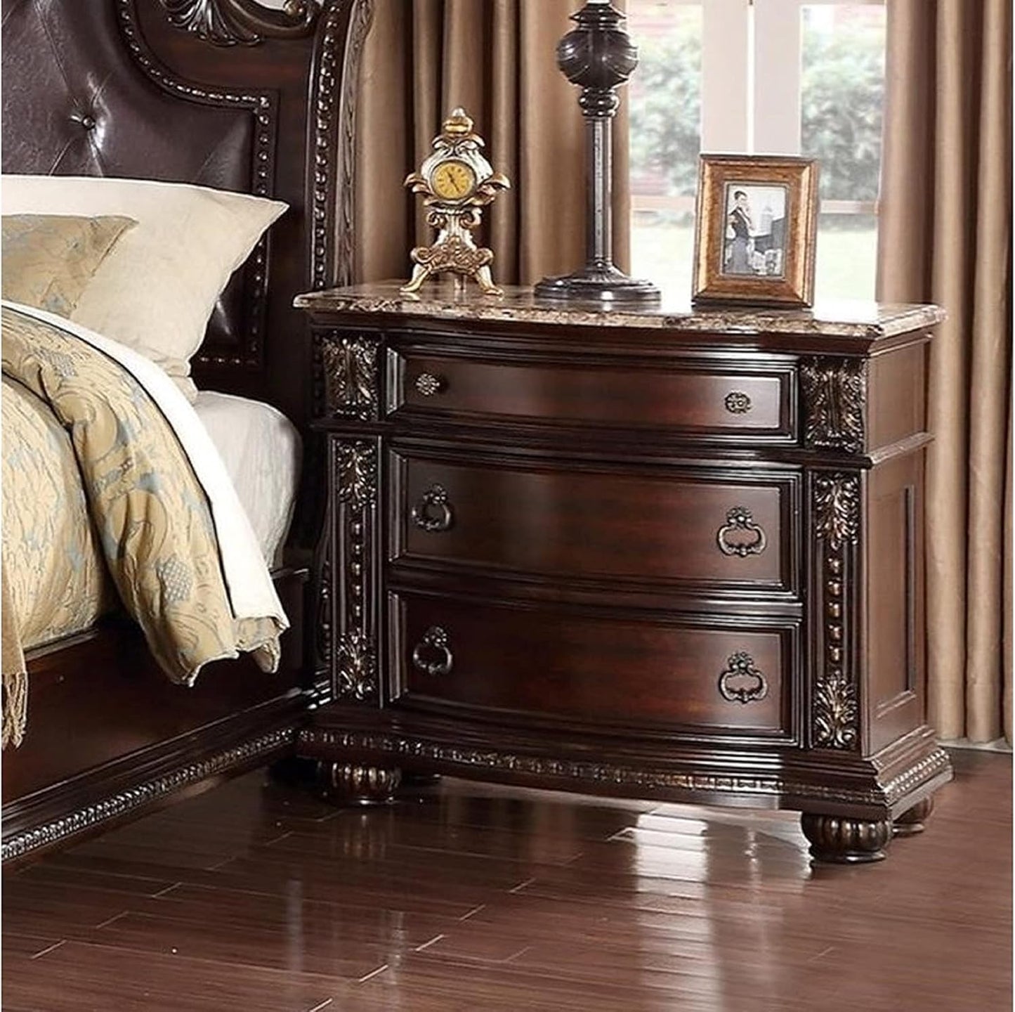 1Pc Traditional Style End Table 3-Drawer Nightstand with Marble Top Rich Brown Cherry Finish Solid Wood Wooden Bedroom