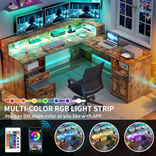 YITAHOME L Shaped Desk with Power Outlets & LED Lights, 60” Computer Desk, Grey Z1433