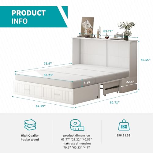BALUS 64" W Murphy Bed Cabinet Queen with Mattress, Stone Grey I6760