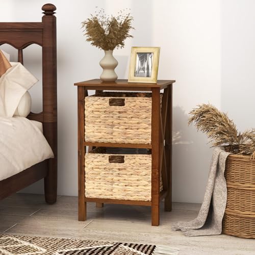Giantex 2-Tier Nightstand with Wicker Baskets Set of 2, Wooden Side Table, Walnut C6960