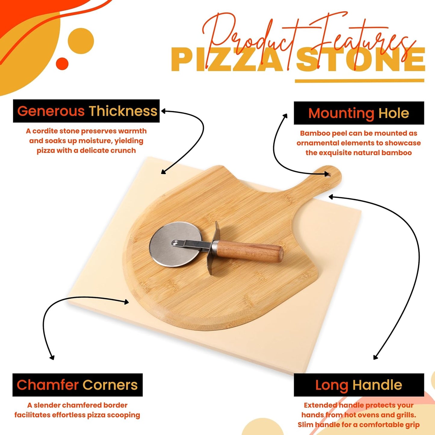 Pizza Stone Set of 3 with Wooden Peel and Stainless Steel Cutter A759