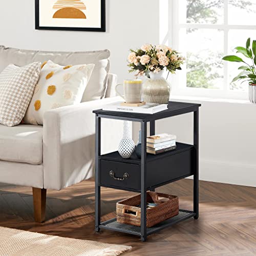 VECELO Tall End Side Tables, 24" Height Narrow Nightstand Storage Shelf for Bedroom Living Room, Easy Assembly,Industrial Style, Single Drawer, Black
