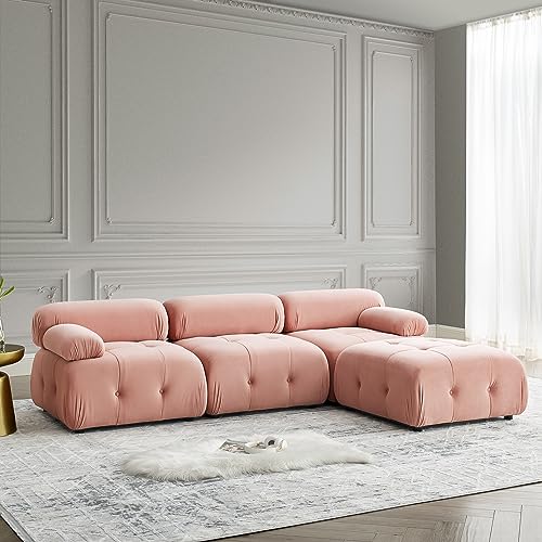 Pink Velvet Sleeper Sofa Bed with Ottoman Solid Wood Frame S22538