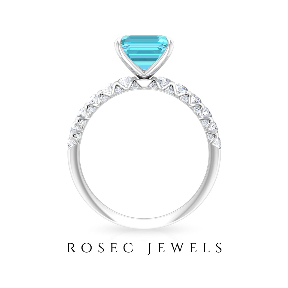 Swiss Blue Topaz Solitaire Ring with Diamond Side Stones, 925 Sterling Silver, US 4 T9753