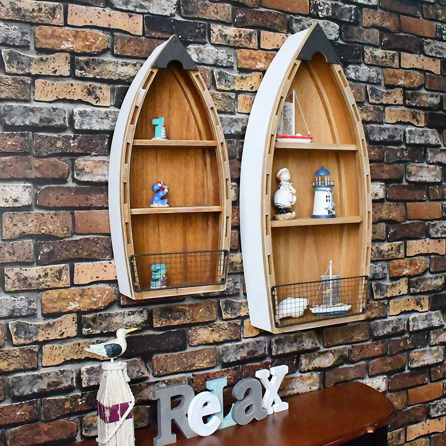 Wooden Boat Decor Hanging Shelf with 3 Tiers for Wall, Rustic Nautical Beach Theme Q5944