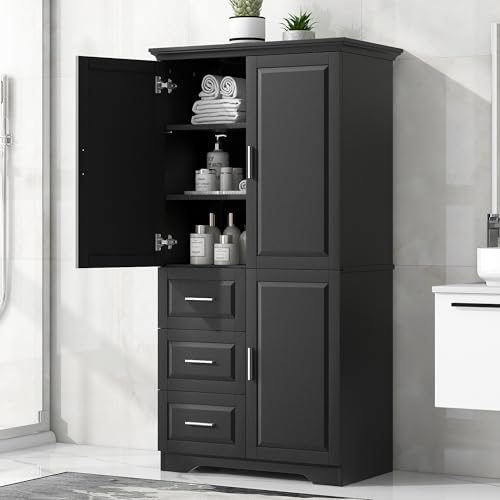 Polibi Tall Storage Cabinet, Modern Freestanding Pantry with 3 Doors, Adjustable Shelves and 3 Storage Drawers for Kitchen/Bathroom/Living Room/Office, White