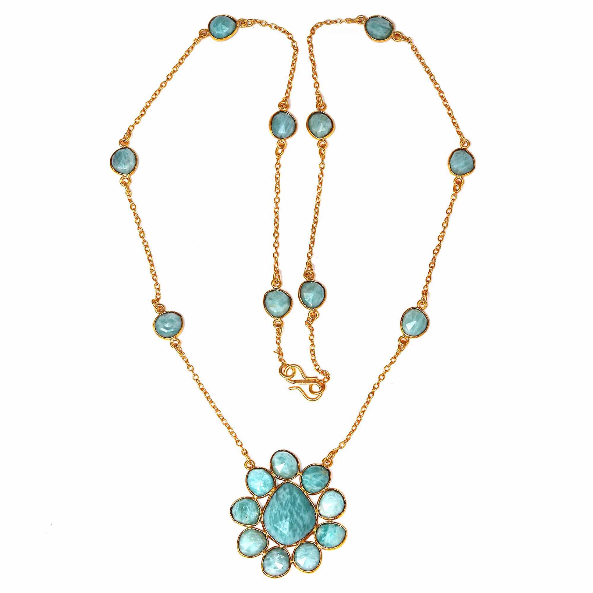 Necklace Amazonite Feceted Gemstone Handmade Antique 925 Silver Jewelry 26''