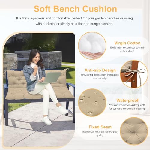 Porch Swing Cushion with Backrest, Waterproof Outdoor Bench Cushion, 2-3 Seater with Ties, Light Coffee Y6949