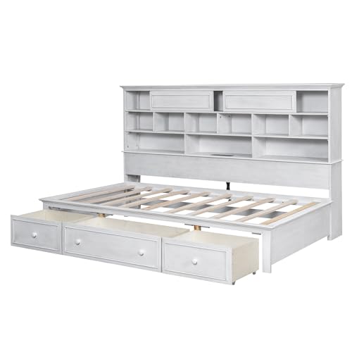 LZ LEISURE ZONE Twin Size Daybed Frame with Storage Shelves, Charging Station, Antique White A7732