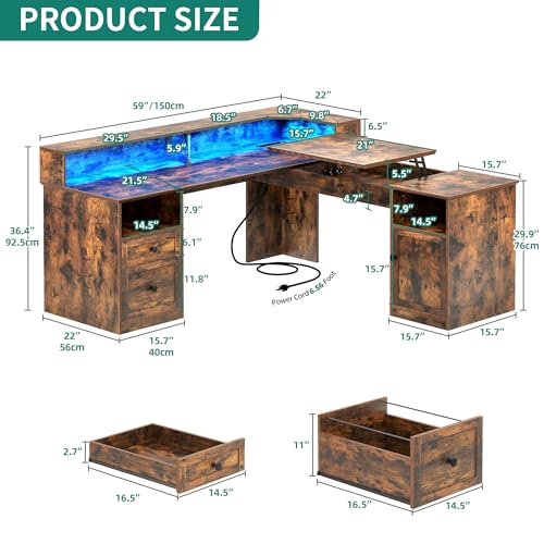 YITAHOME L Shaped Desk with Power Outlets & LED Lights, 60” Computer Desk, Grey Z1433
