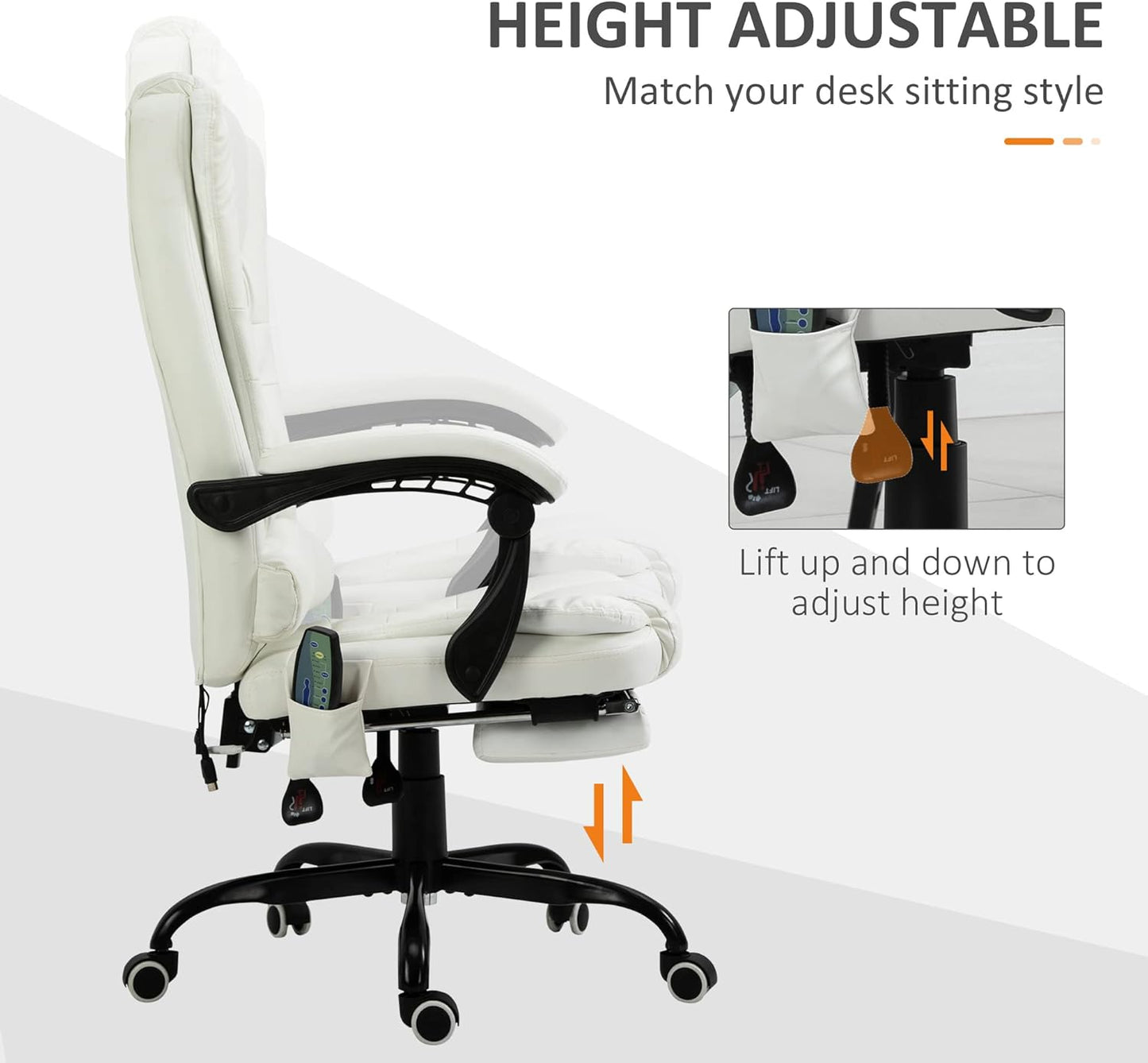 Reclining Office Chair with Massage, Ergonomic PU Leather Executive Chair with Foot Rest, White T4590