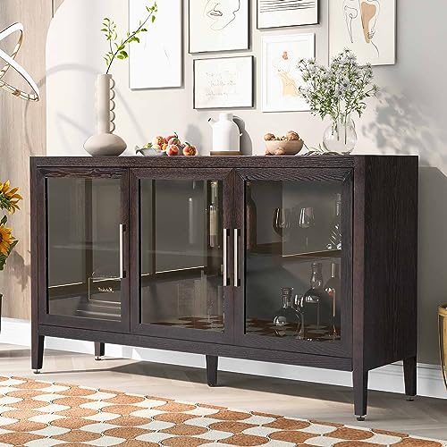 Amposei Modern Sideboard Cabinet 58.2-Inch Credenza Glass Door Console Storage Cabinet Dining Buffet with Adjustable Shelf for Living Room Entryway (Black)