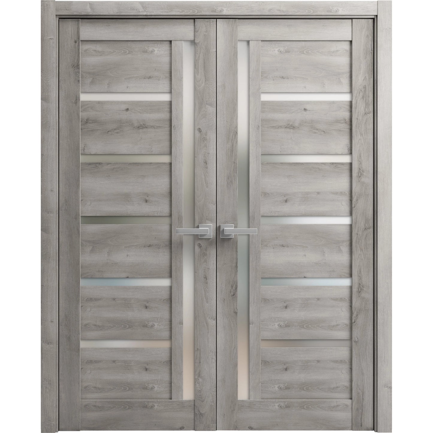 Solid French Double Doors 56 x 84 inches | Quadro 4088 Nebraska Grey with Frosted Glass | Wood Solid Panel Frame Trims | Closet Bedroom Sturdy Doors