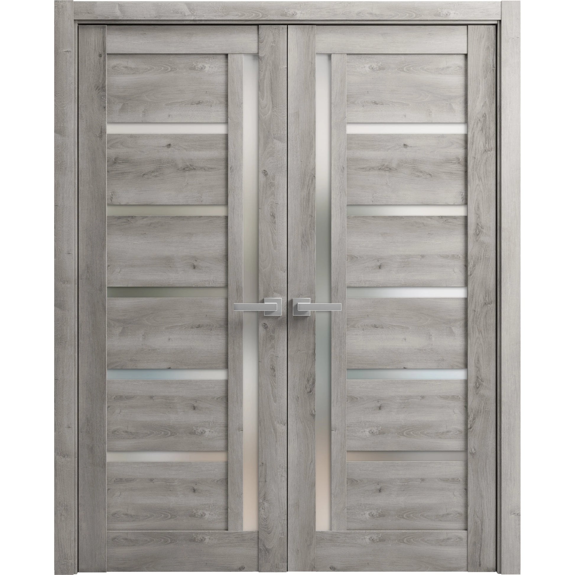 Solid French Double Doors 56 x 84 inches | Quadro 4088 Nebraska Grey with Frosted Glass | Wood Solid Panel Frame Trims | Closet Bedroom Sturdy Doors
