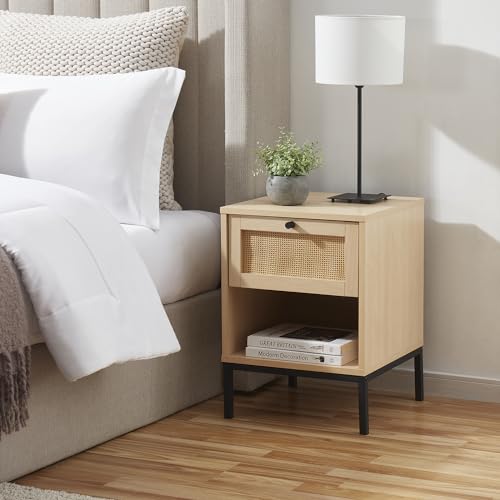 Nestl Night Stand, 1-Drawer Wood Rattan Bedside Table, Black Z58058