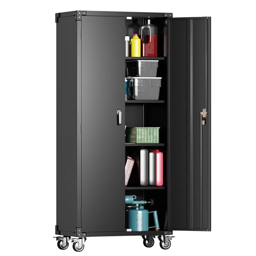 Metal Storage Cabinet with Wheels, 71" Tall Garage Storage Cabinet with 5 Tier Shelves and Locking Doors, Rolling Tool Cabinet for Garage Home Office Utility Room