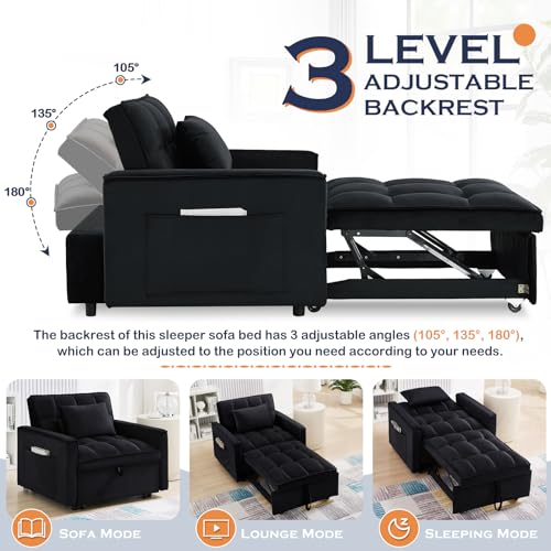 Velvet Tufted 3 in 1 Convertible Sleeper Sofa Bed with Adjustable Backrest, Grey G74205
