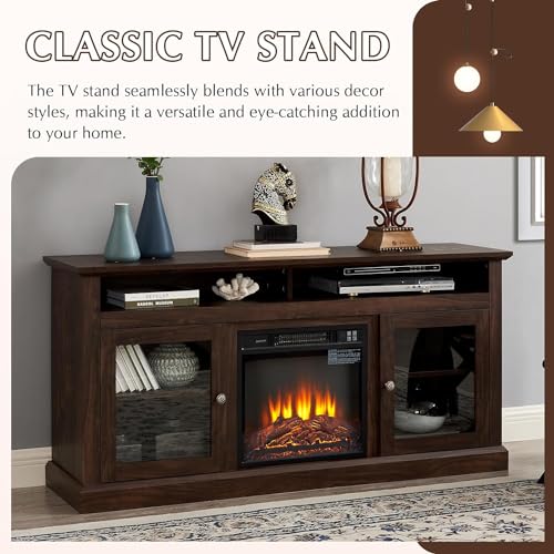 Farmhouse Fireplace TV Stand for TVs Up to 65'', Rustic Entertainment Center with Electric Fireplace, Brown W91016