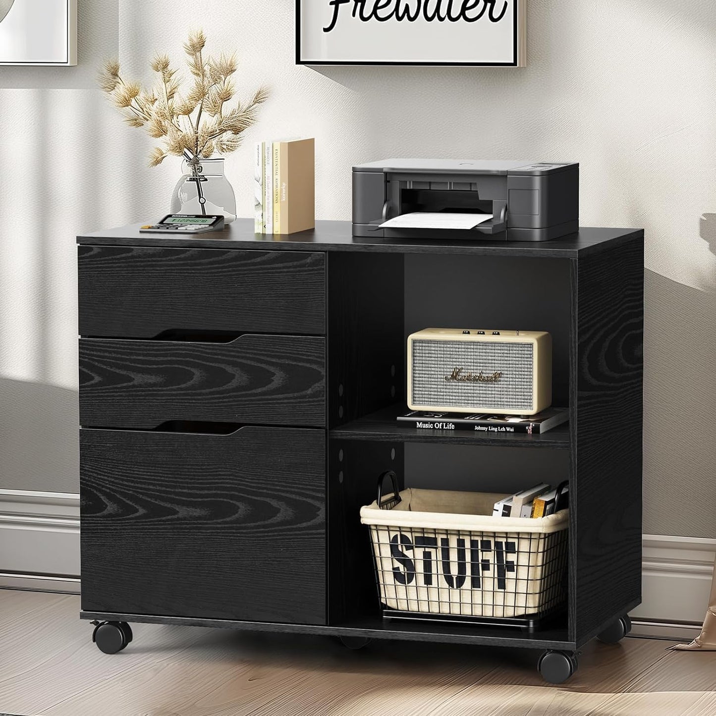 Lateral File Cabinet with 3 Drawers, Rolling Wooden Filing Storage Drawer for Office Home, Black Printer Stand Under Desk Organizer