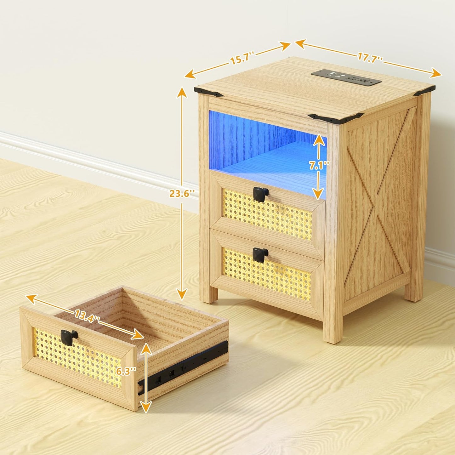 Modern Nightstand Set of 2 with Charging Station and LED Light, Natural Wood R867733