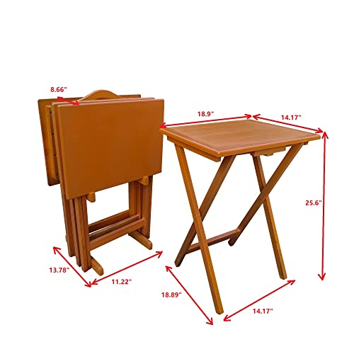 Folding TV Tray Table Set of 4 Solid Wood Chestnut I509083
