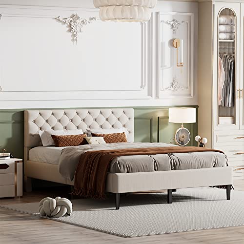 Modern Upholstered Linen Platform Bed with Adjustable Headboard, Twin, Gray W437702