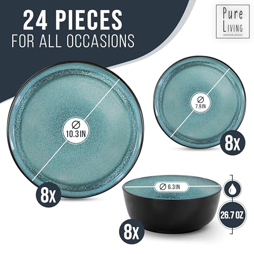 24 Piece Stoneware Dinnerware Set for 8, Microwave Safe, Beige Light Blue K232889