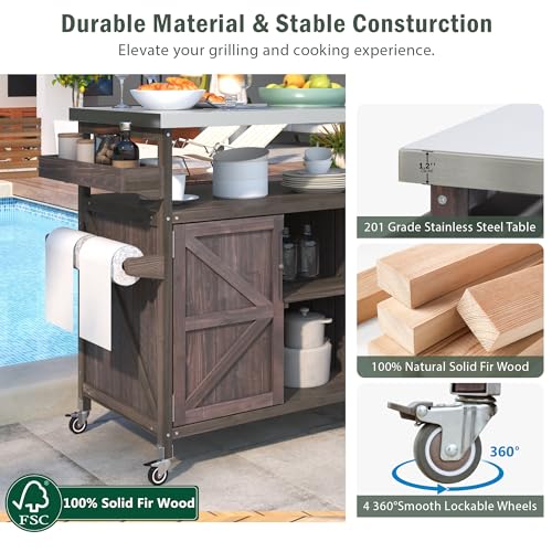 Outdoor Kitchen Island Rolling Bar Cart with Storage Cabinet, Solid Wood & Stainless Steel Top X328