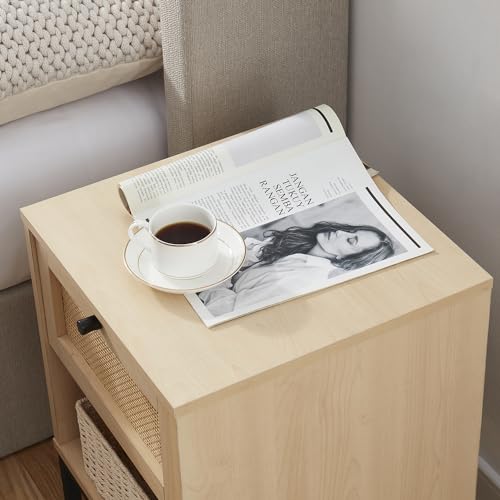 Nestl Night Stand, 1-Drawer Wood Rattan Bedside Table, Black Z58058