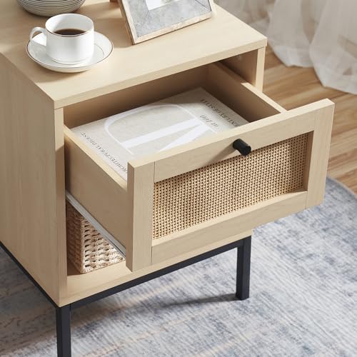 Nestl Night Stand, 1-Drawer Wood Rattan Bedside Table, Black Z58058