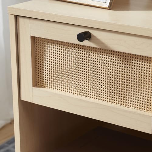Nestl Night Stand, 1-Drawer Wood Rattan Bedside Table, Black Z58058